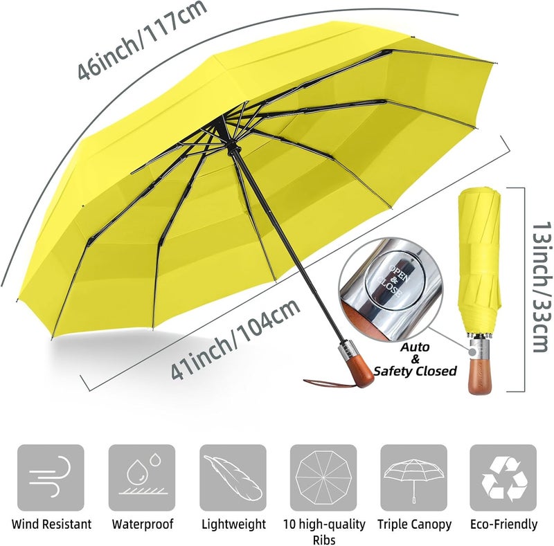 MasterUmbrella 3-Layer Vented Canopy Windproof Commuter Umbrella for Rain, Auto Open/Close, 10 Fiberglass Ribs, Wooden Handle, 13" Folded, 47" Large Coverage for 1–2 People, Lifetime Replacement - Image 3
